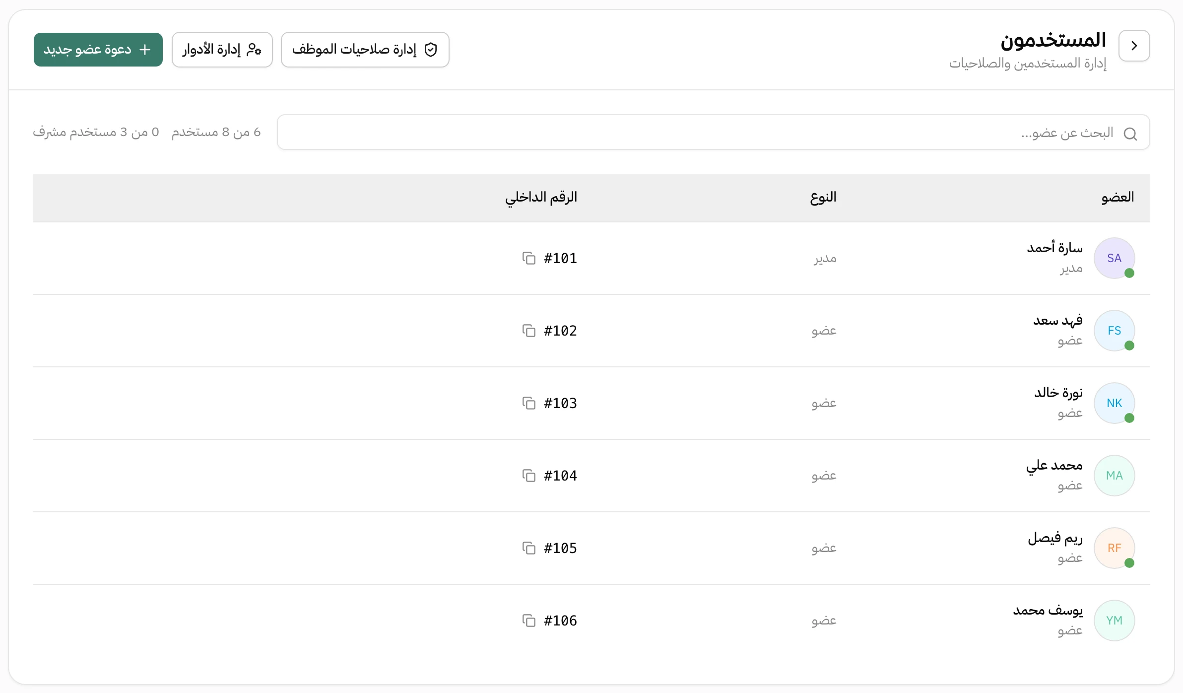صفحة المستخدمون في هاتف: جدول فيه ستة موظفين مع نوع كل واحد ورقمه الداخلي من 101 إلى 106، وأربعة منهم على صورهم نقطة خضراء تعني أنهم متصلون الآن، واثنان بدون نقطة