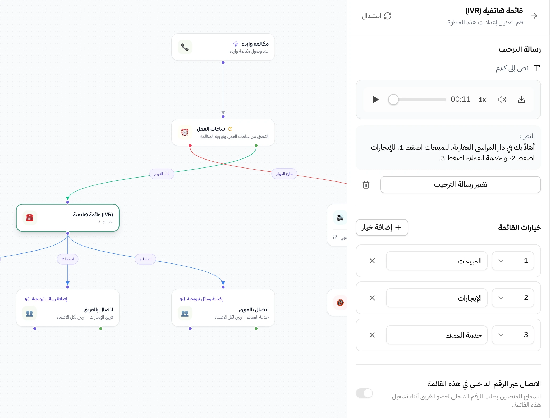إعدادات خطوة القائمة الهاتفية في هاتف. فيها رسالة الترحيب مع مشغل الصوت ونصها، وتحتها ثلاثة خيارات: 1 المبيعات، 2 الإيجارات، 3 خدمة العملاء، وزر إضافة خيار. وعلى اللوحة جنبها القائمة موصلة بخطوات الاتصال بالفريق