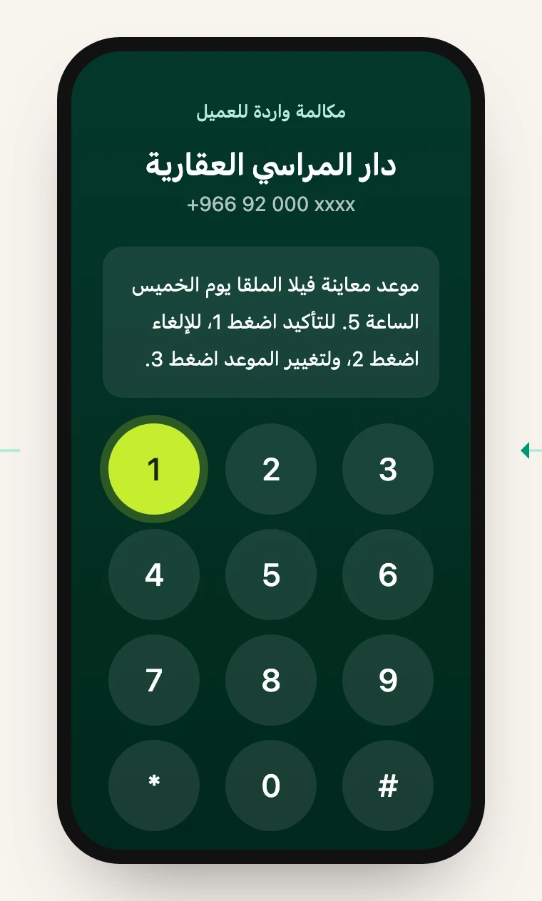 جوال العميل يعرض مكالمة من دار المراسي العقارية ونص السؤال المسموع، والرقم 1 مضغوط
