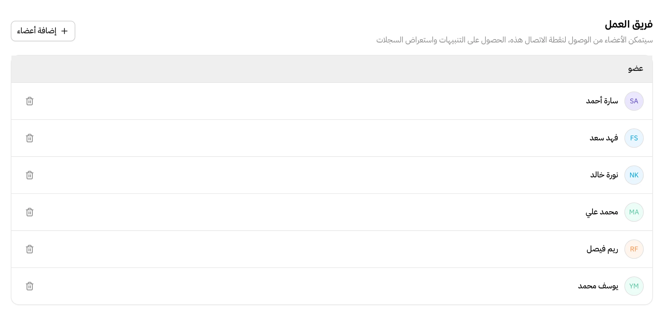 قسم فريق العمل في إعدادات الرقم الموحد، فيه جدول بستة أعضاء من الفريق، وجنب كل عضو زر حذف، وفي الأعلى زر إضافة أعضاء